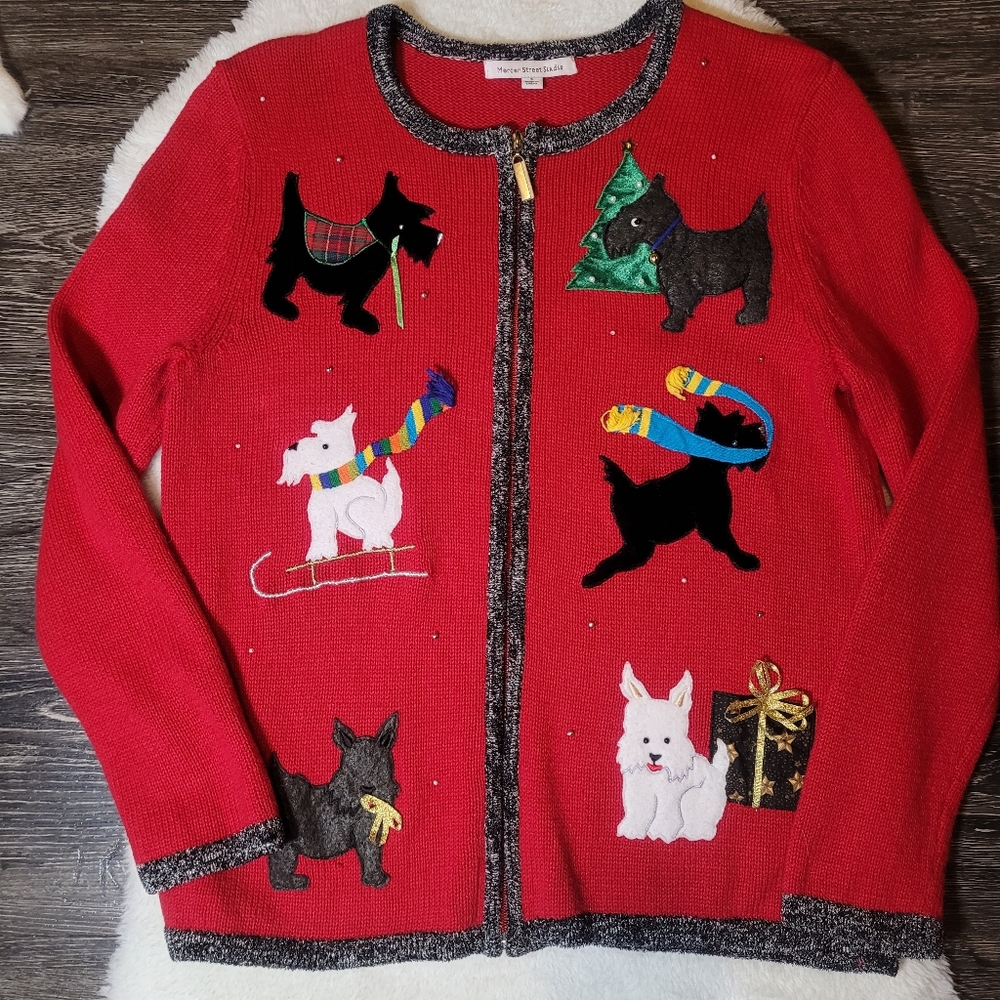 Vintage Ramie And Cotton Festive Scotties Christmas Zip-up Cardigan In Red Sz S